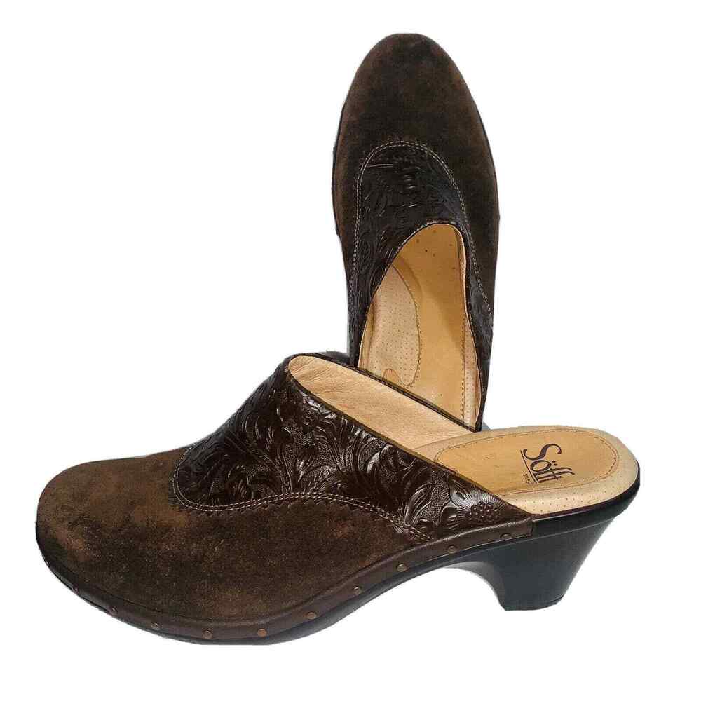 9.5 Sofft Womens Brown Leather Suede Closed Toe Slip On Block Heel Mules Clogs
